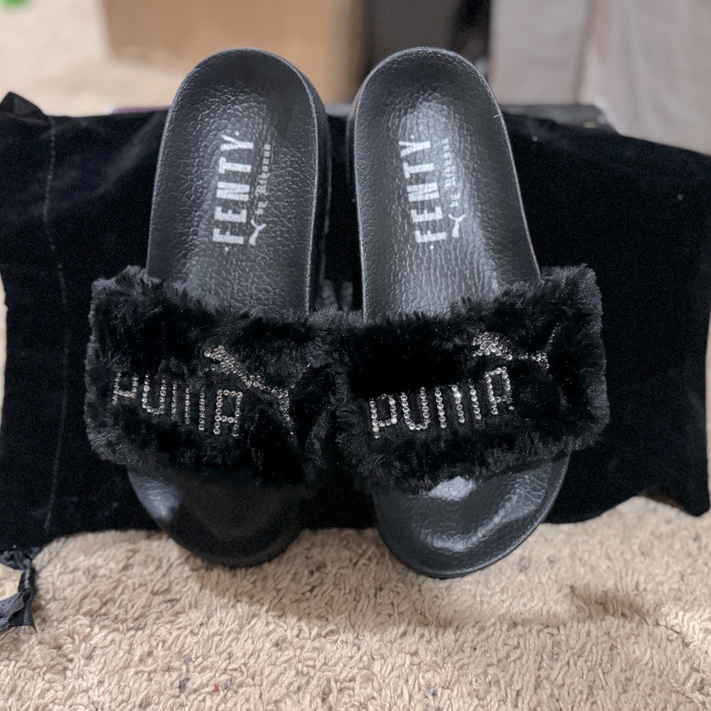 BRAND NEW/CUSTOMIZED * Puma x Fenty by Rhianna “Bedazzled” Faux Fur Slides
